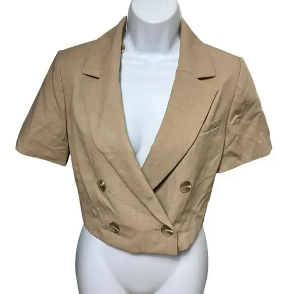 Maeve Blazer‎ Womens 6 Beige Cropped Anthropologie Short Sleeve Double Breasted - Picture 12 of 12